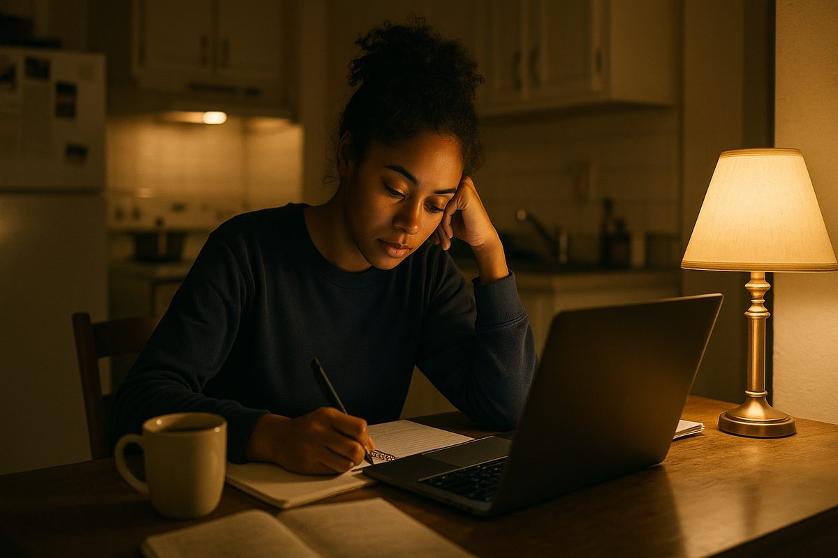 A first generation student studying at home with a laptop